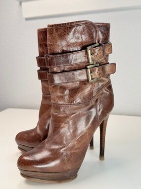Michael Kors Distressed Leather Platform Ankle Boots Brown Buckle Stiletto 6